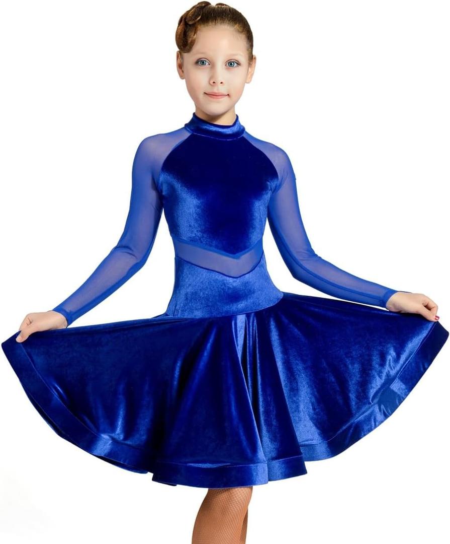 SCGGINTTANZ GD3102 Kid Latin Ballroom Dance Professional net Yarn and Velvet Splicing Design Race/Performance Dress for Girl