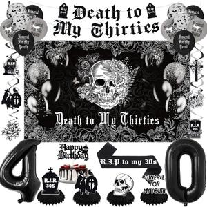 Crenics Death to My 30s Decorations - Death to My Thirties Backdrop, Banner, Honeycomb, Sash, Hanging Swirls, Cake Topper and Balloons for 40th Birthday Party Decorations for Women or Men (Black)