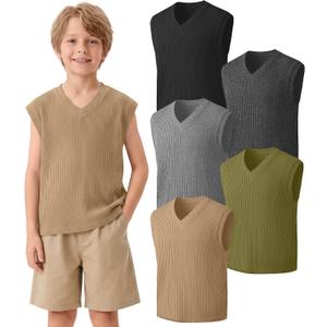 Xaatren 5 Pack Boys Tank Tops Sleeveless V Neck Loose Ribbed Shirts Kids Cap Sleeve Athletic Basic Undershirts 5-14 Years