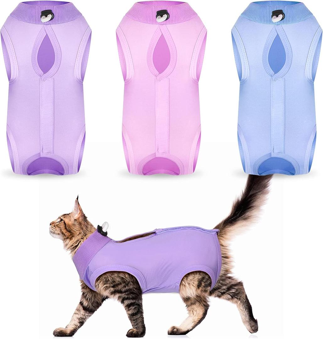 Nuanchu 3 Pieces Cat Recovery Suit Kitten Recovery Suit E-Collar Alternative for Cats and Dogs Abdominal Skin Anti Licking Pajama Clothes Sets(Size Small, Solid Style, Purple Pink Blue)