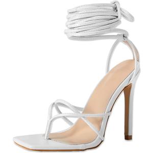 PiePieBuy Women's Lace Up Heeled Sandals Square Flip Flop High Heels Strappy Party Shoes (9, White)