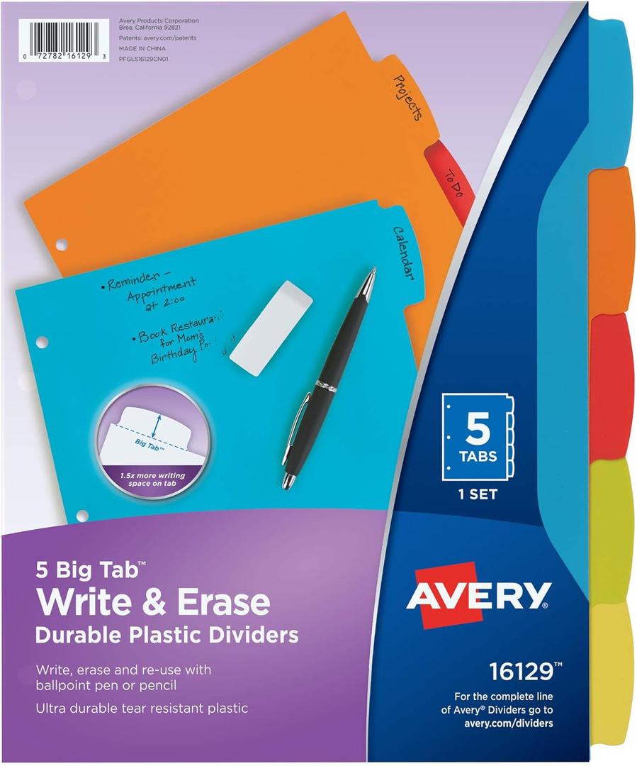 Avery Big Tab Write & Erase Durable Plastic Dividers for 3 Ring Binders, 5-Tab Set, Bright Multicolor, 1 Set (16129)