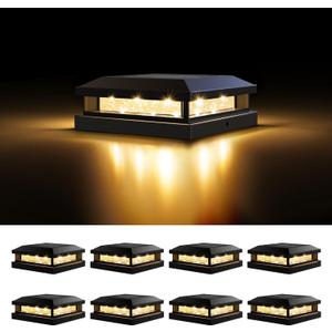 Brightever 4x4 Solar Post Cap Lights Outdoor 8 Packs, Waterproof Solar Powered Deck Light for 5x5 Vinyl/Wooden Posts, Black Outside Warm/Cool Lighting Fence Cap Lights with 16LEDs for Garden, Patio