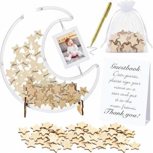 Yookeer 65 Pcs Baby Shower Guest Book Alternatives Set Baby Shower Decorations with Moon Photo Frame 60 Wood Stars Slices Guest Book for Babys Showers Wedding Birthday Parties(Large,Clear)