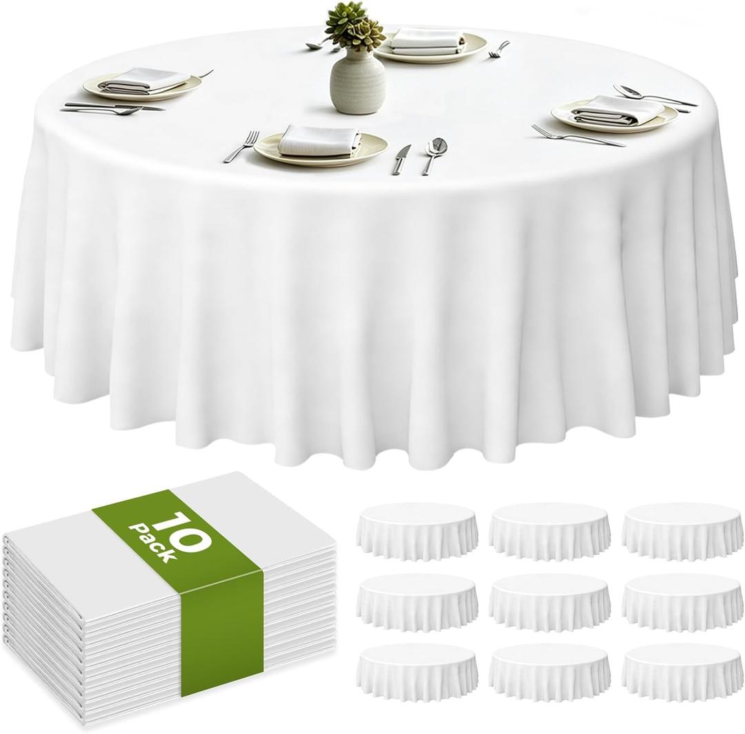 CXPSINC 96 Inch Disposable Plastic Tablecloth White, 10 Pack Round Premium Table Covers for Dining, Wedding, Party, Picnic, Indoor & Outdoor Use Waterproof, Durable, Easy Clean (White, Round-96)
