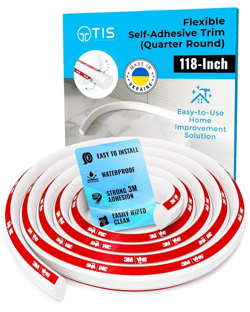 TIS Peel & Stick Trim Molding with 3M Tape  118 Inch, 0.42"x0.42" Edges (0.6" Face), White Flexible PVC Trim, Corner Molding Trim Peel & Stick, Flexible Quarter Round Molding for Floor Trim & Edges