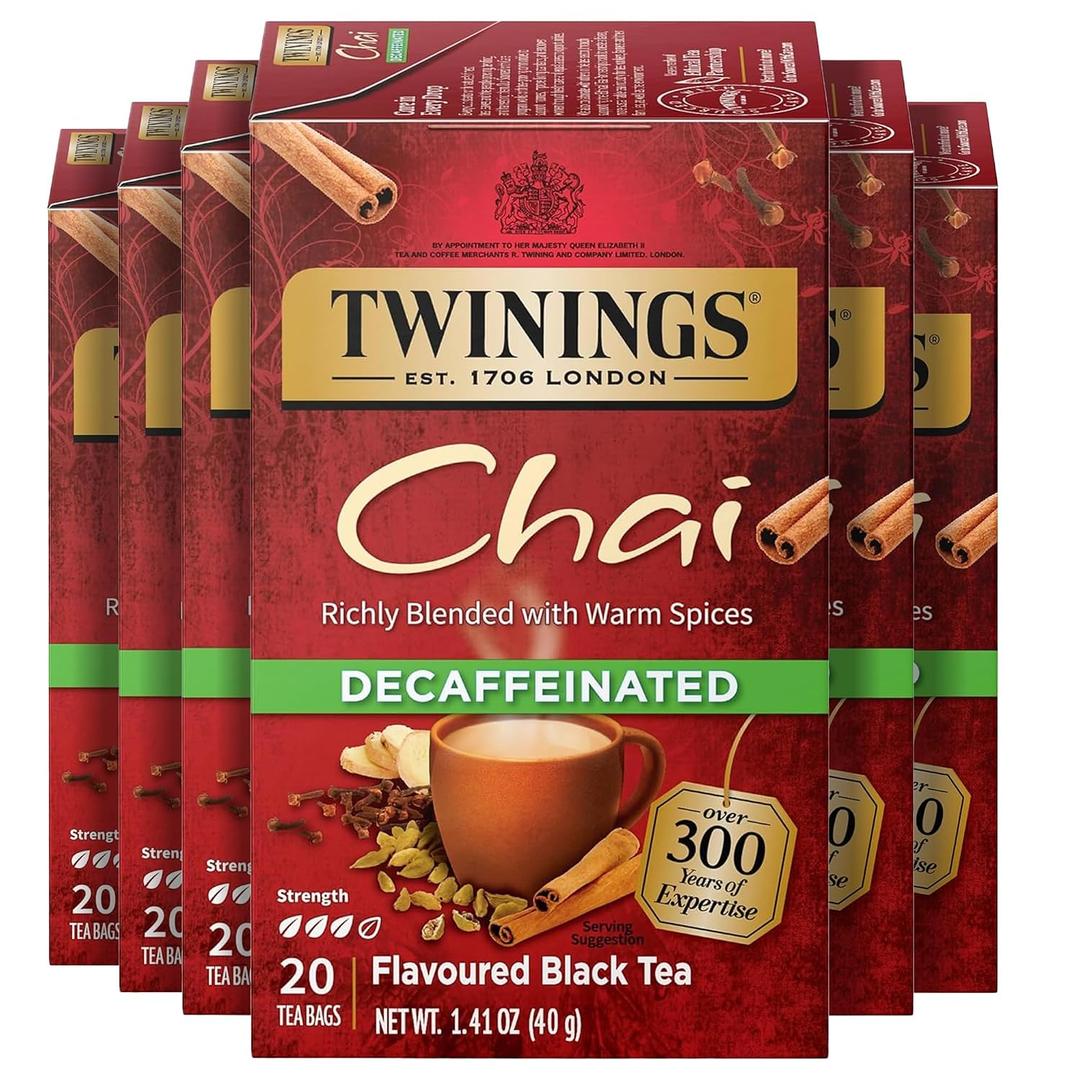 Twinings Decaffeinated Chai Individually Wrapped Bags, 20 Count (Pack of 6), Sweet, Savoury Spices, Enjoy Hot or Iced, 120 Teabags (EXP 11/01/26)