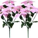 Rikyo 2- Bouquet Artificial Poinsettia Flowers 19 inch Silk Bushes Christmas Flowers Ornaments 7 Stem Heads Velvet Poinsettia Floral with Stem Leaf for Party Home Holiday Decor (Pink)