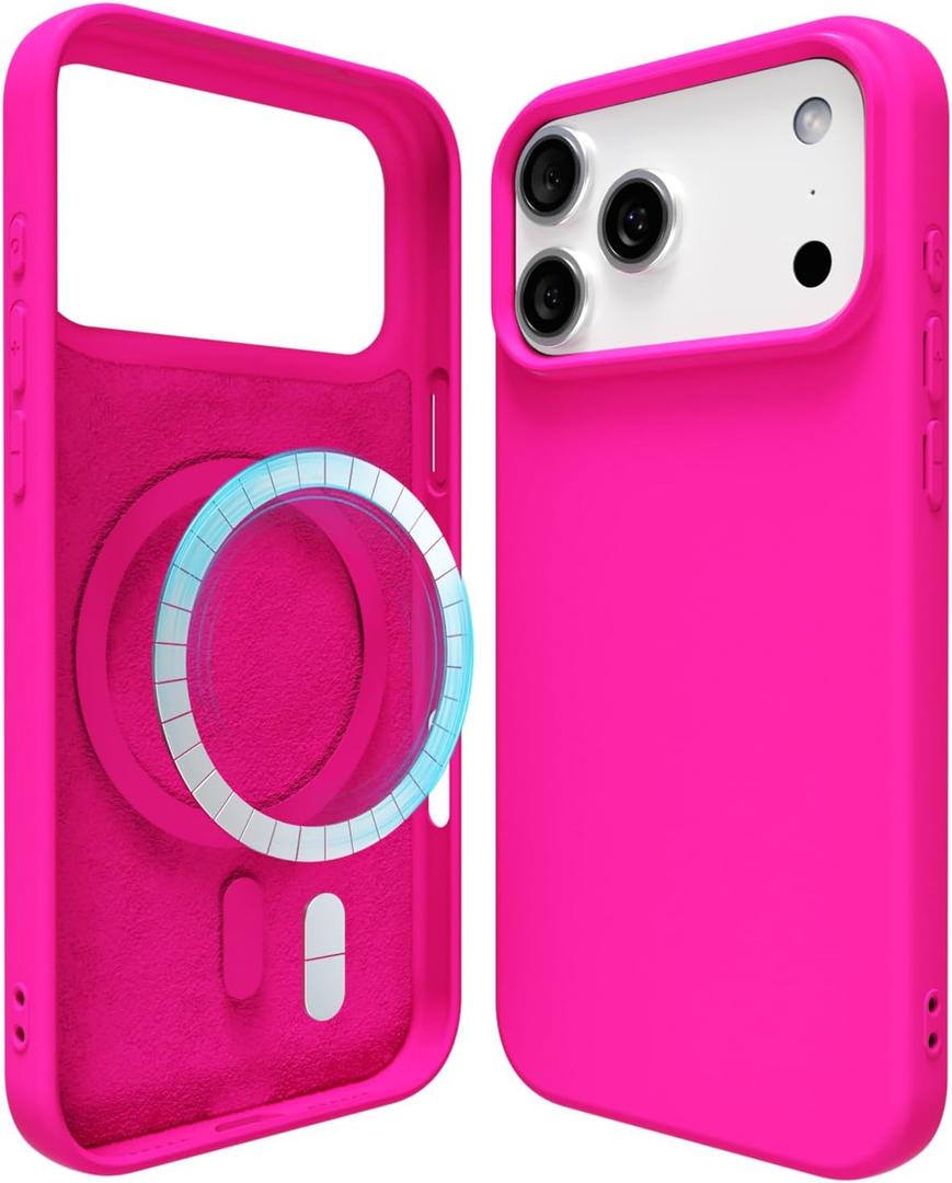 oakxco Silicone Case for iPhone 17 Pro Max Compatible with Magsafe Magnetic Wireless Charging, Slim Thin Soft Rubber Gel with Magnet, Matte TPU Mag Cover for Women Men, Neon Hot Pink
