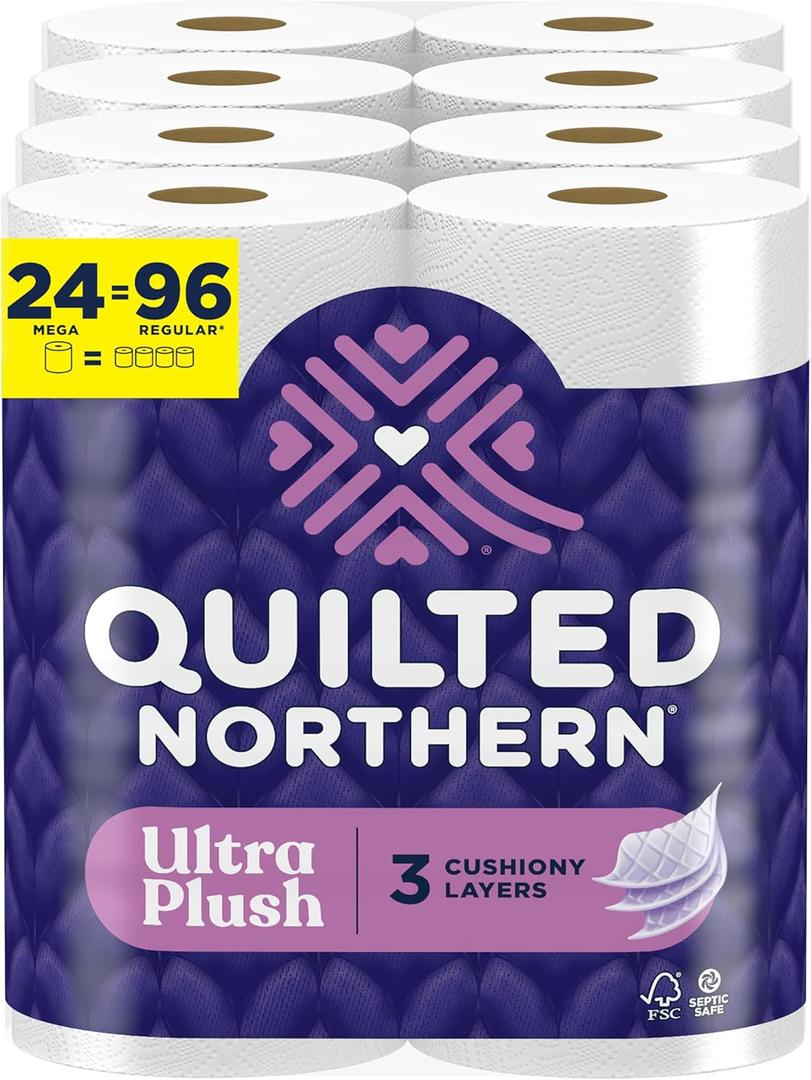 Quilted Northern Ultra Plush Toilet Paper, 24 Mega Rolls = 96 Regular Rolls, 3X Thicker*, 3 Ply Soft Toilet Tissue