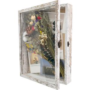 GraduationMall 11x14 Wood Shadow Box Frame Glass Door Display Case with Linen Back and 6 Stick Pins,1.5 inches Interior Depth,Ideal for Memorabilia Pictures Flowers Medals Tickets Rustic White