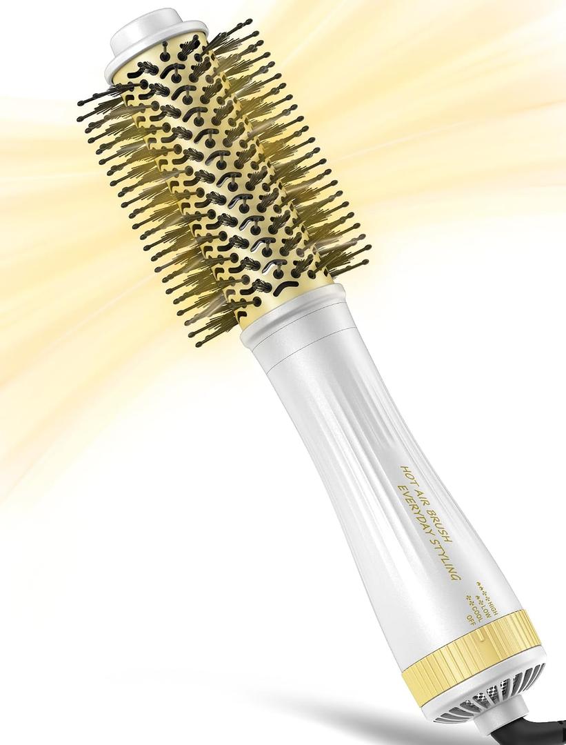 Round Blow Dryer Brush,1.75Inch Hair Dryer Brush for Medium to Long Hair, 1200W One-Step Hot Air Brush with Ceramic Coating, 3 Heat Settings for Smooth Blowouts and Volume, White Gold
