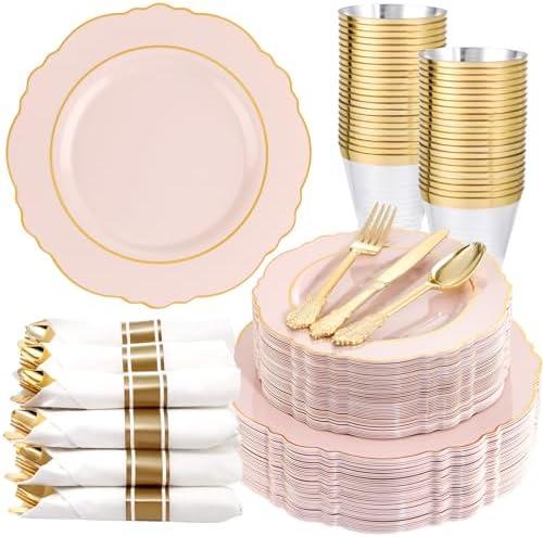 Liacere 350PCS Pink Plates Disposable - Pink and Gold Plates 50guest Baroque Plastic Dinnerware include 100Plates, 50Pack Pre Rolled Napkins with Silverware 50Cups Perfect for Wedding＆Mother's Day