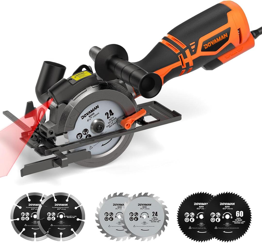 DOVAMAN Circular Saw, 5.8A 4-1/2" Circular Saw w/Laser, Metal Auxiliary Handle, 6 Blades (4", 4"), Cutting Depth 1-11/16" (90), 1-3/8" (45), Ideal for Wood, Soft Metal, Plastic, Tile - MCS01A