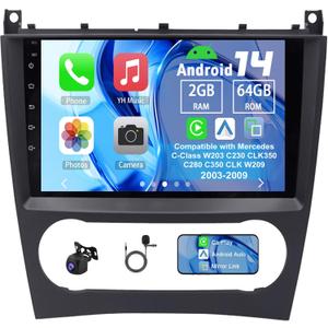 Android 14 Car Radio Compatible with Mercedes C-Class W203 C230 CLK350 C280 C350 CLK W209 2003-2009, 2G+64G 9" Touch Screen Car Stereo with Carplay Android Auto GPS WiFi Mic Backup Camera