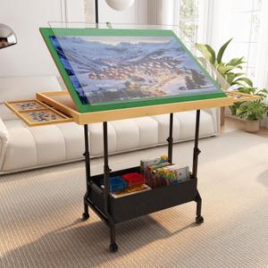 4-in-1 Adjustable & Tilting & Rolling & Storage Puzzle Table with 2 Large Drawers, 1500 Piece Puzzle Board with Legs, Cover, Fabric Drawer- 34" x 26" Puzzle Table for Adults & Enthusiasts
