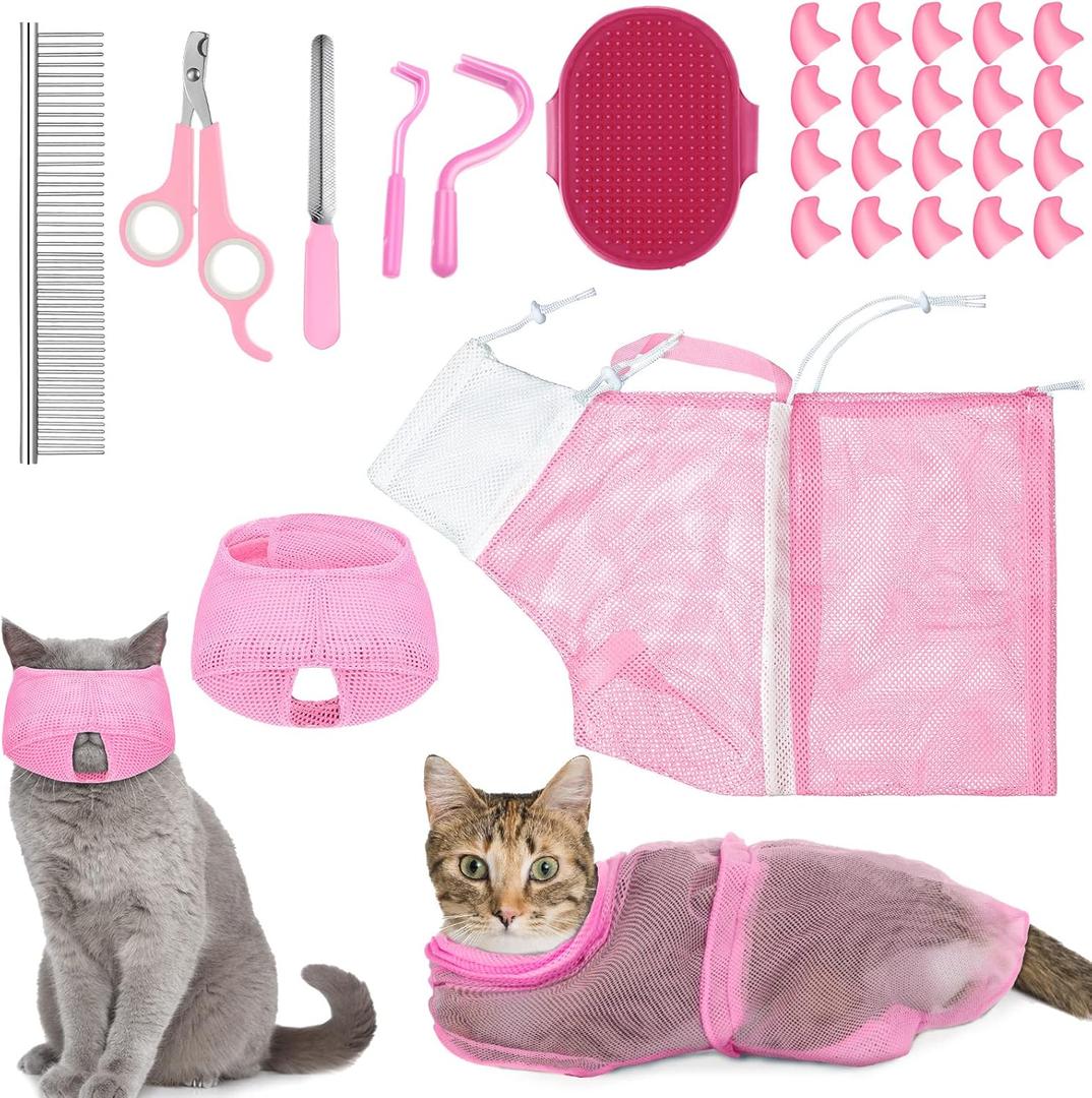 9 Pcs Cat Bathing Bag Set Cat Shower Bag Anti Bite and Scratch for Pet Grooming Washing Brush Comb Muzzle Nail Clipper Nail File Tick Tool (Pink)