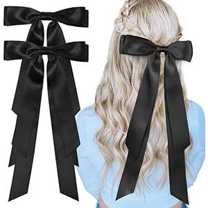 Large Satin Hair Bows 2PCS Hair Ribbons for Women CEELGON Big Long Black Ballet Style Hair Bows French Barrette Vintage Accessories for Girls-Black