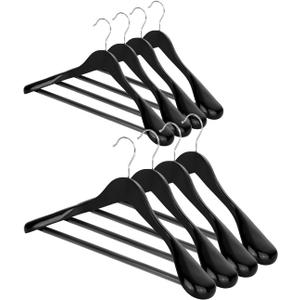 AMKUFO Wide Shoulder Wooden Hangers 8 Pack Coat Hangers with Non Slip Pants Bar, Heavy Duty Suit Hangers Wood Clothes Hangers with Smooth Finish 360 Swivel Hook for Sweater Jackets Shirts Black