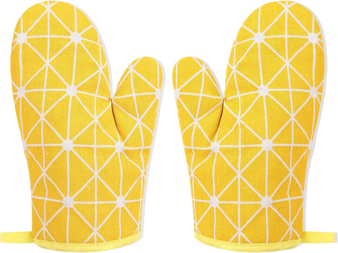 Yellow Checkered Oven Mittens, Heat-Resistant, Cute Checkered Oven Mittens,Oven Mitts and Pot Holders Sets for Baking, Grilling & Microwave Anti-Slip Silicone Kitchen Gloves 1 Pair 7 "x12.5
