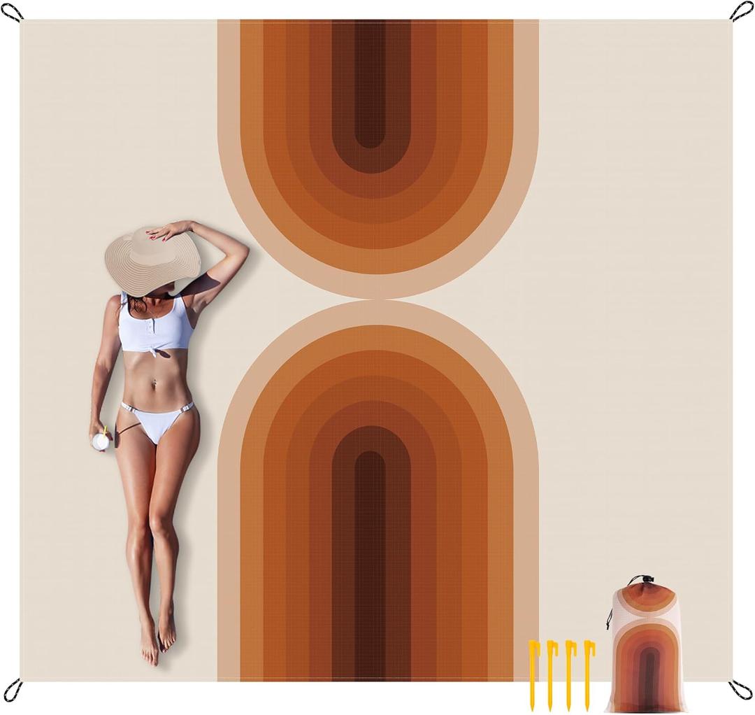 9 ft10 ft Extra Large Waterproof Sandproof Beach Blanket for 8 Adults, Outdoor Beach Mat with 4 Stakes, 210T Polyester Lightweight Foldable Picnic Blanket for Travel, Camping, Hiking (Boho Arches)