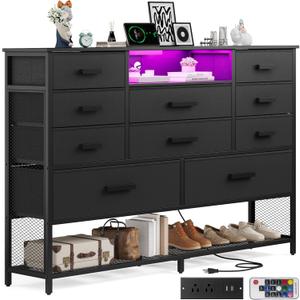 Black Dresser for Bedroom with 10 Drawers, Chest of Drawers with Charging Station, TV Stand Storage with LED Light for 55" TV, Fabric Drawers with PU Finish, Dresser with Shelves for Closet (11.8"D x 47.2"W x 39.4"H (10 Drawers))