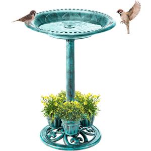 Bird Bath for Outside with 4 Removable Flower Planters 28in Polyresin Lightweight Vintage Birdbath Stake Standing Bowl and Water Feeder Yard Gardan Decor Green