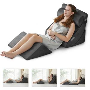 Ganaver 4pcs Orthopedic Bed Wedge Pillow Set Post Surgery Relaxing Back Adjustable Head Support Cushion Triangle Memory Foam Pillow for Acid Reflux Sleeping Reading Leg Elevation Snoring (Grey)