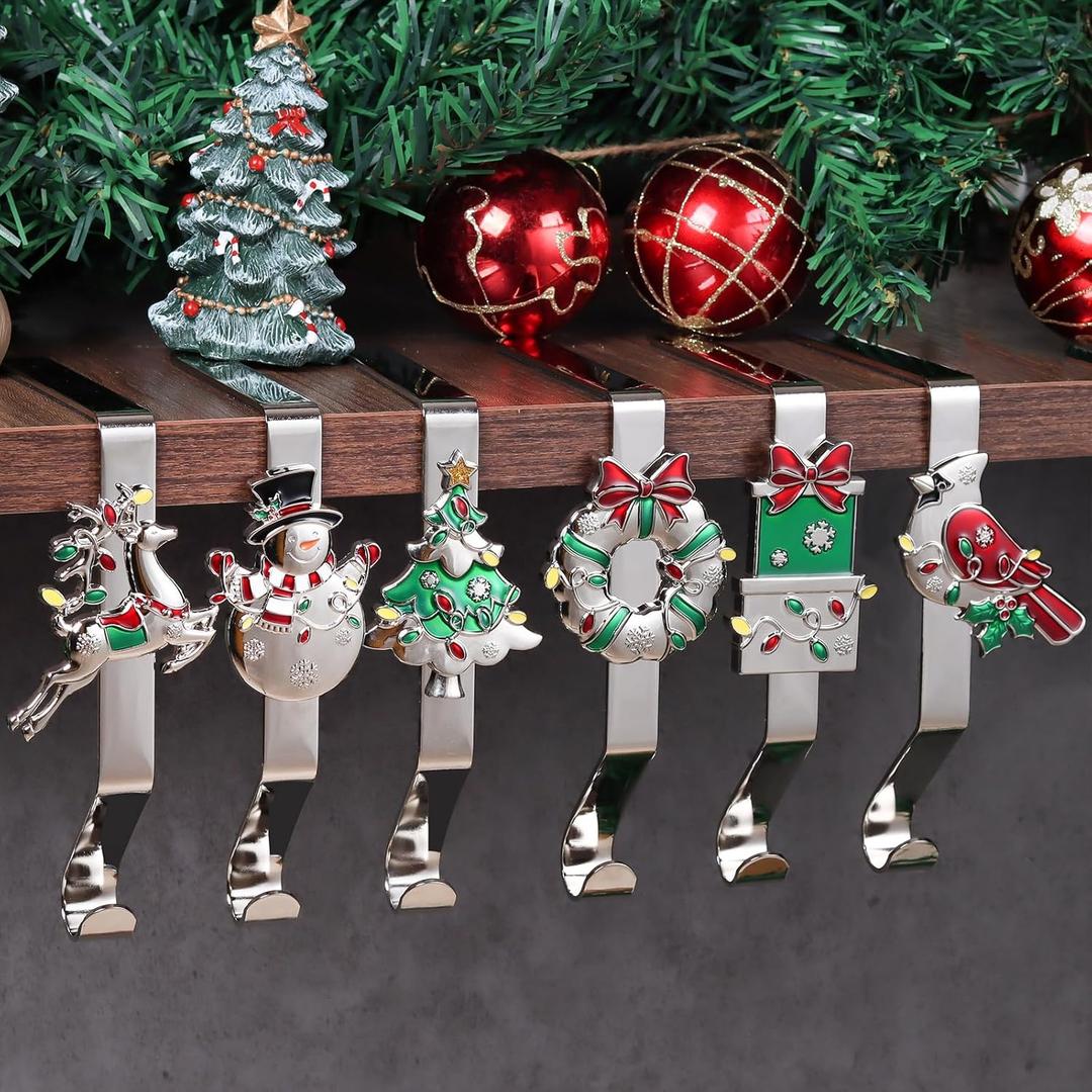 K-MLICE Stocking Holders for Mantle Silver Stocking Holder Stocking Hangers for Mantle Set of 6 Hooks Fireplace Christmas Stocking Holder Weighted Non-Slip Christmas Dcor