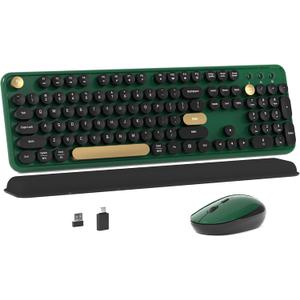 Colorful Wireless Computer Keyboard and Mouse Combo with Round Typewriter Keycaps, Retro Design, Power Switch, Ergonomic Design, 2.4GHz Wireless for Windows, Mac, PC(Dark Green)