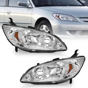 WEELMOTO for 2004-2005 Honda Civic 2/4Door Headlights Assembly Replacement Pair Headlamp Replacement Chrome Housing Amber Reflector Left+Right Side