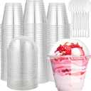 100 Pack 9 OZ Clear Dessert Cup with Dome Lid and Spoon, Sturdy PET Party Parfait Cups for Cold Drinks Salad, Ice Cream, Fruit, Snack, Yogurt, Disposable Take Out Container