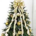 HUIHUANG Gold Christmas Tree Topper Bow 13 inch x 45 inch Gold and White Large Christmas Bows Diamond Velvet Bows for Christmas Tree Ornament, Wreaths, Staircase, Mantel, Home Decor