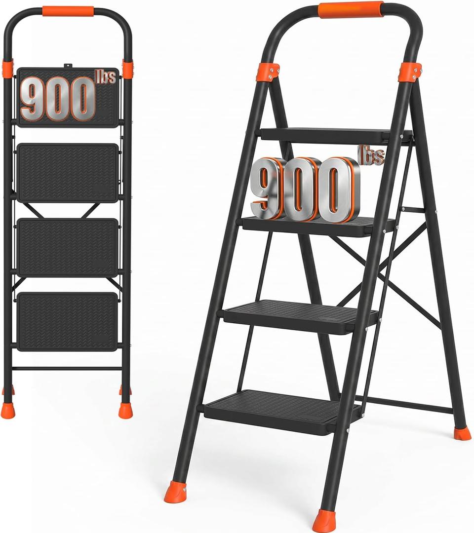 Step Ladder, 900lbs Capacity Heavy Duty Step Stool with Safety Lock, Wide Anti-Slip Pedal, Black Sturdy Step Ladder, Step Ladder 4 Step Folding with Orange Cushioned Handle for Kitchen, Home & Garage