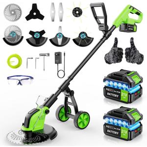12" Stringless Weed Wacker Cordless Eater, 20000 RPM Powerful Battery Powered Trimmer Edger Lawn Tool, 21V 6000mAh Electric Wheeled Lawn Edger with Blades, Foldable& Lightweight Design Brush Cutter
