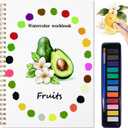 2 x Beginner Watercolor Painting Kit Watercolor Workbook Coloring Book 12 Colors Paint Set with Brush, Easily Master Beginner Friendly Watercolor Paint Set Gift for Adults Teens. (Fruit), 1 Count
