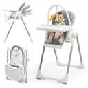 KB 3-in-1 Foldable Baby High Chair, 7 Height & 4 Recline Adjustable Seat & Tray for Easy Clean, 2 Locking Wheels, Multifunctional Infant High Chairs for Babies and Toddlers (Grey, with Toys)