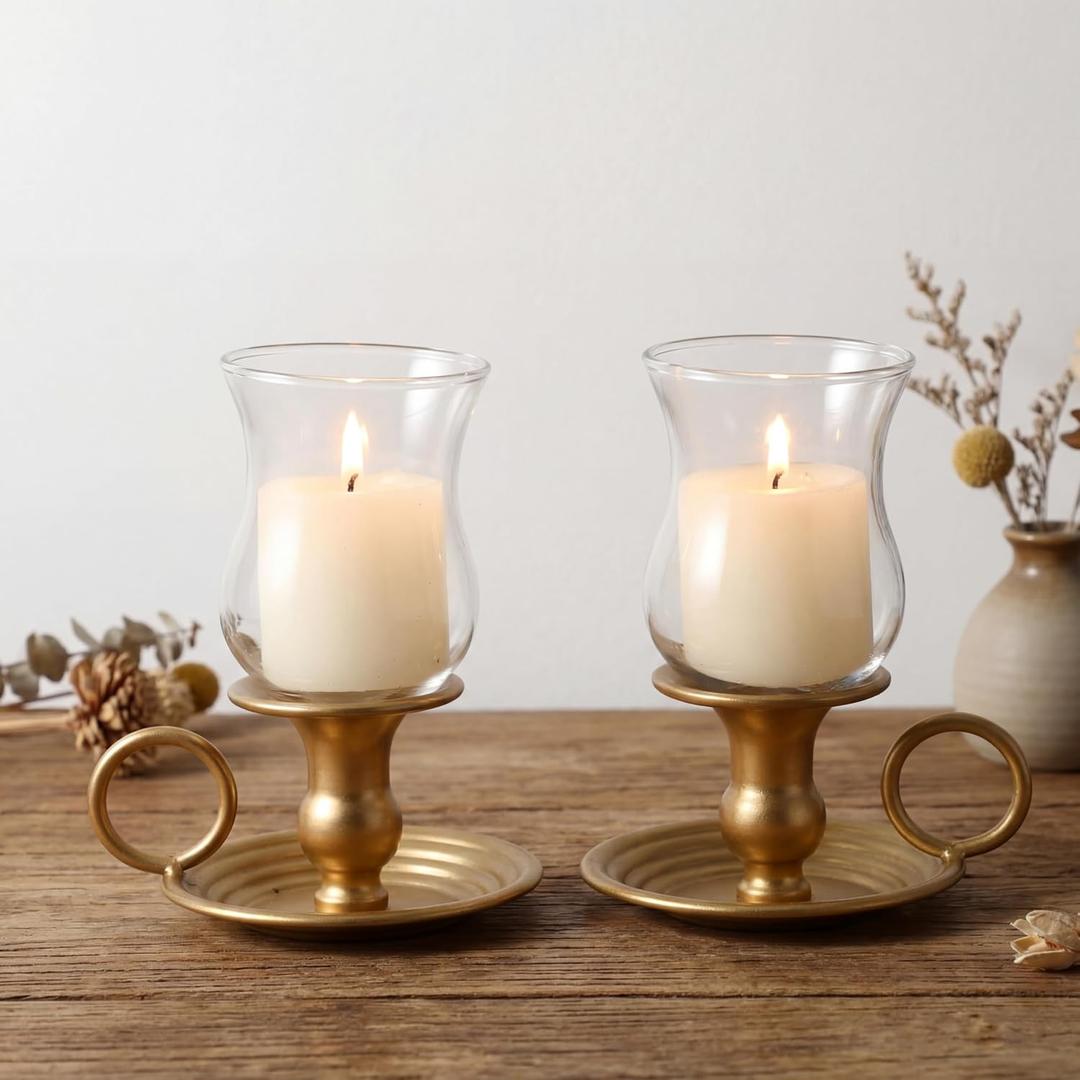 2 Set Solid Brass Hurricane Candle Holders with Tulip Shaped Glass Pegs 7 Tall Vintage Candle Holder for Tea Lights, Polished Shiny Gold Lacquered Candlelight Dinner Wedding Party Gift