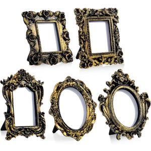 Maitys 5 Pcs Mini Picture Vintage Frames with Stands Tiny Antique Photo Baroque Ornate Resin Oval Frame Table Top Display Home Wedding Decor (Black Gold)