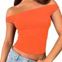 ForeFair Womens Off The Shoulder Tops Going Out Crop Top Slim Fitted Shirts Double Lined Summer Outfits Y2K Cute Tops (Small, Orange)