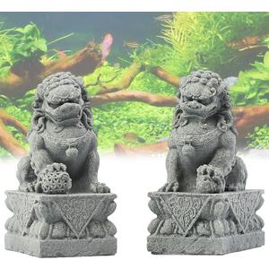 livelyfish Asian Fu Foo Dogs Pair of Two Guardian Lion Statues, Fish Tank Aquarium Sandstone Figurines Chinese Ornaments Feng Shui Decorations (M)