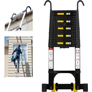 20.3 FT Aluminum Telescoping Ladder, 330 lbs Capacity, Auto-Lock, Hooks, Wheels & Stabilizer Bar, Portable & Collapsible for Home, Roof & RV Use, Black