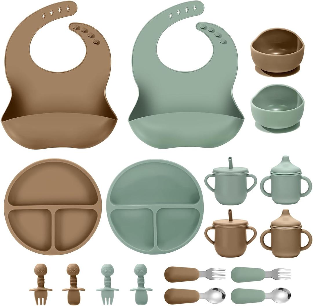Silicone Baby Feeding Set, 18PCS Baby Led Weaning Supplies, Eating Essentials Utensils with Suction Plate and Bowl, Adjustable Silicone Bib, for 6+ Months (Green+Brown)