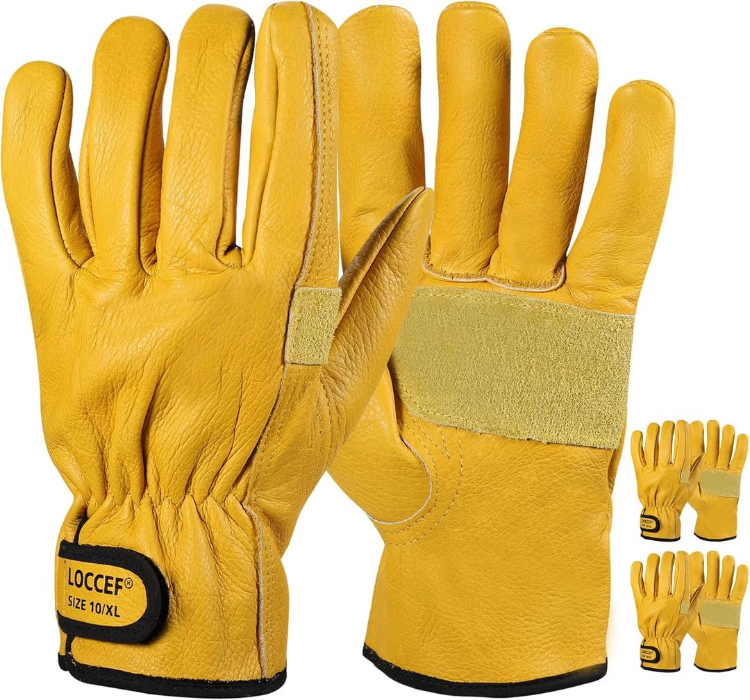 LOCCEF 2 Pairs Leather Work Gloves for Men and Women,Cowhide Leather Gloves Utility Working Gloves (Yellow)