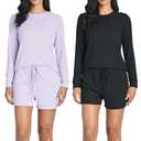 Real Essentials 2 Pack: Women's Ribbed Knit Long Sleeve Top and Shorts Pullover Lounge Pajama Set, Size: L