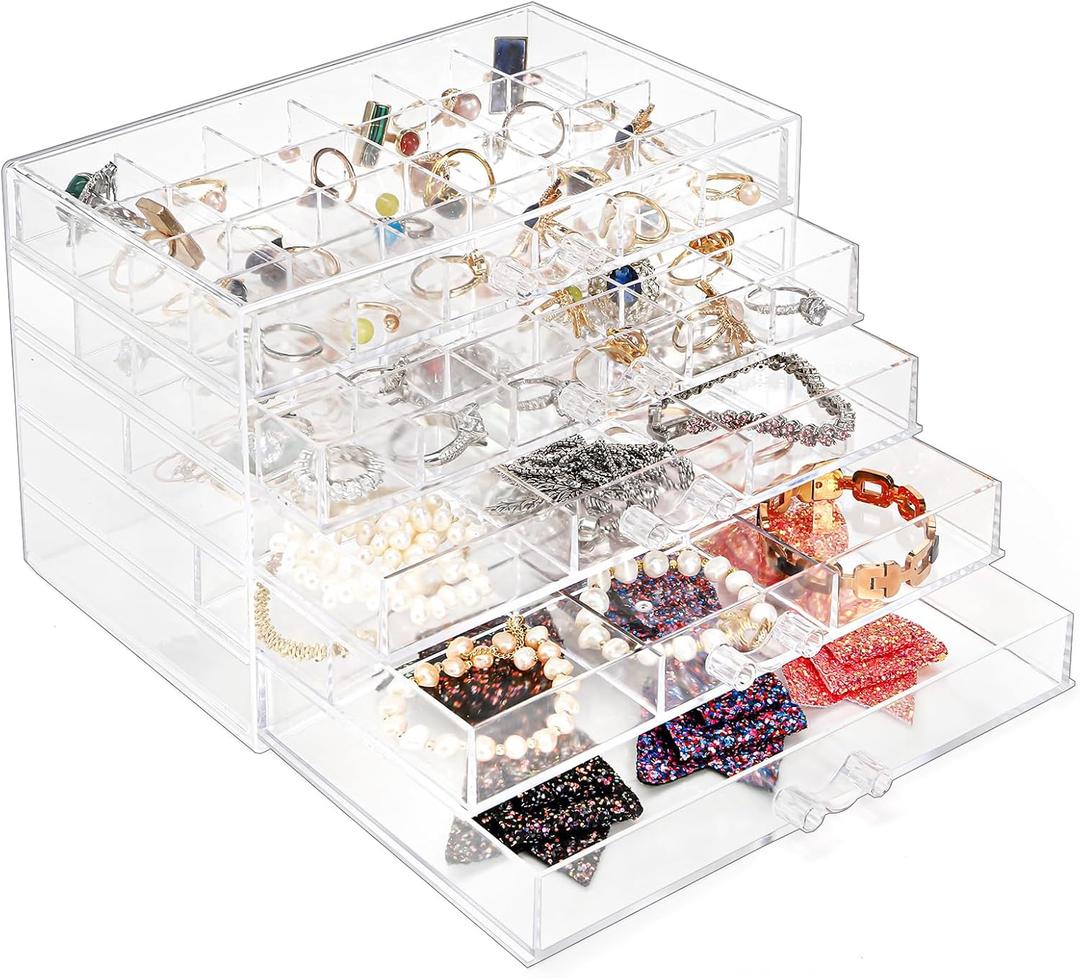 yarlung Acrylic Jewelry Storage Box Earring Holder with 5 Drawers, 61 Grids Jewelry Organizer Tray Clear Ring Display Case for Beads, Nail Tips, Women Girls Gift