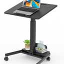 JOY worker Mobile Standing Desk with 90 Tilting Desktop, Foot Pedal Pneumatic Height Adjustable Rolling Desk, Mobile Laptop Cart with Width Adjustable Storage Base, 4 Lockable Wheels, Black