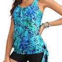 Yonique 2 Piece Swimsuit for Women Blouson Tankini Top with Shorts Tummy Control Bathing Suit (X-Large, Blue Leaves)