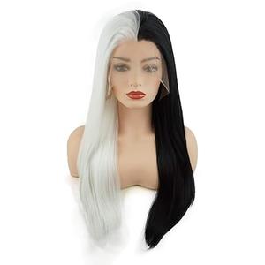 Half White Half Black Mix 24inch Straight Heavy Density Realistic Heat Resistant Synthetic Lace Front Wig