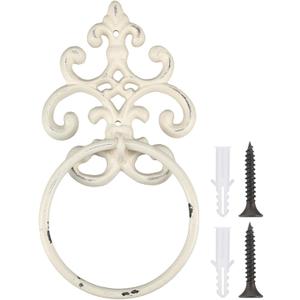 1 Pcs White Vintage Cast Iron Solid Towel Ring Fleur De Lis Design Antique Towel Holder for Bathroom Kitchen Accessories Wall Mounted Christmas Party Gifts (8.5 x 4.7 Inches)